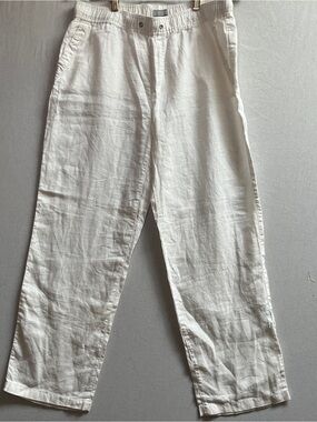 Kenar White 100% Linen Wide Leg Elastic Waist Pull On Casual Beach Pants Size L
